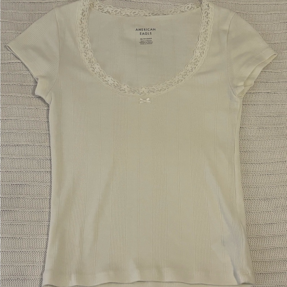 American Eagle Outfitters Women's Ivory Lace Scoop Neck Tee